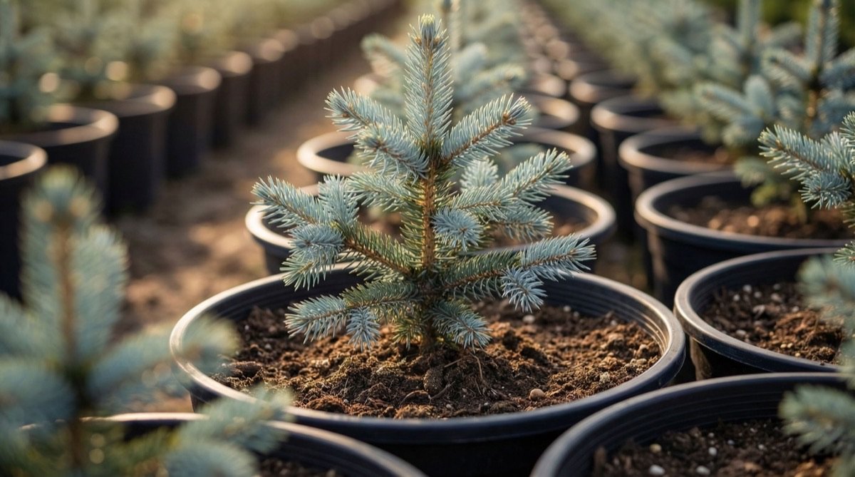 Νεαρά φυτά ελάτων στο φυτώριο