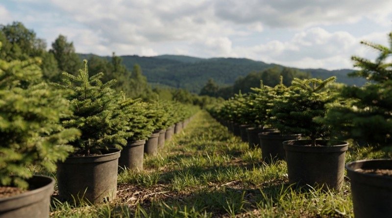 Σειρές γλαστράκια ελάτων με βουνά στο βάθος