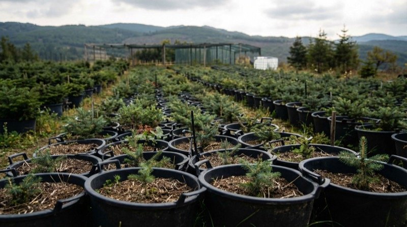 Νεαρά σπορόφυτα ελάτων σε γλάστρες στο φυτώριο