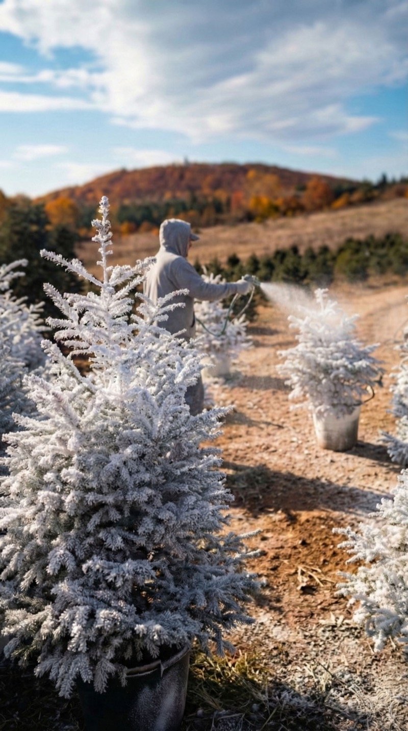Πότισμα παγωμένων μπλε ελάτων στο φυτώριο