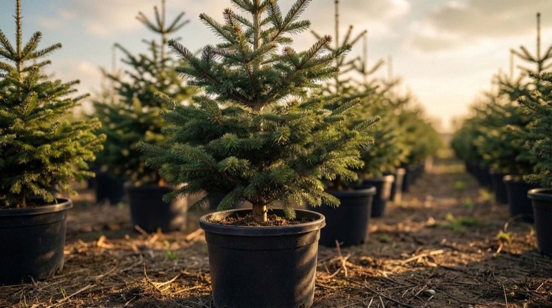 Γλαστράκι ελάτου σε θερμό φως ηλιοβασιλέματος