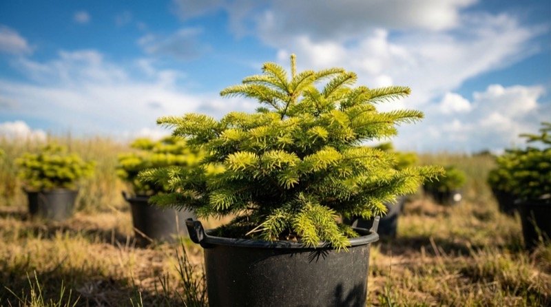 Μικρό γλαστράκι ελάτου κάτω από γαλάζιο ουρανό
